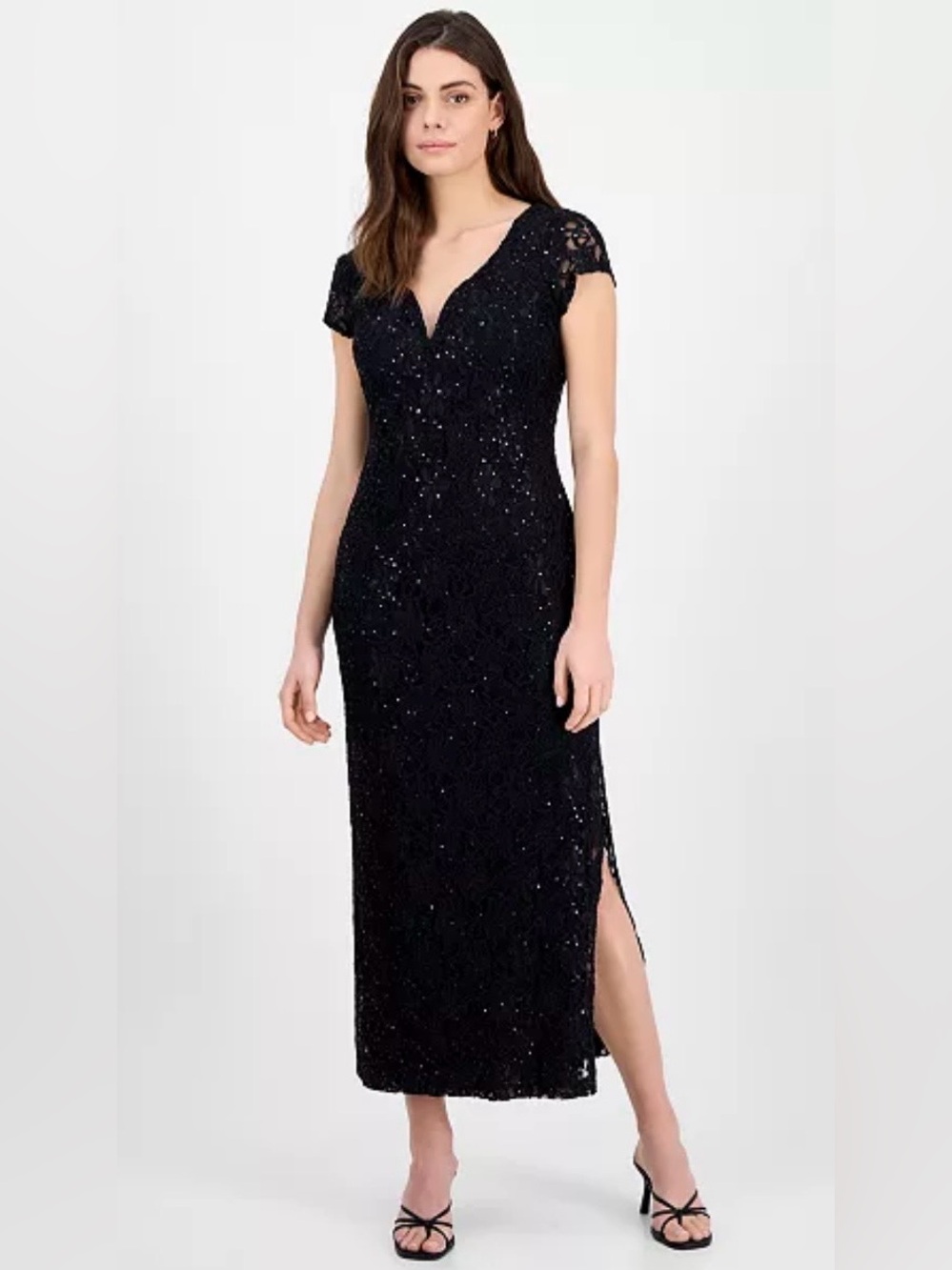 connected apparel Black Lace Sequin Long-Sleeve Evening Gown